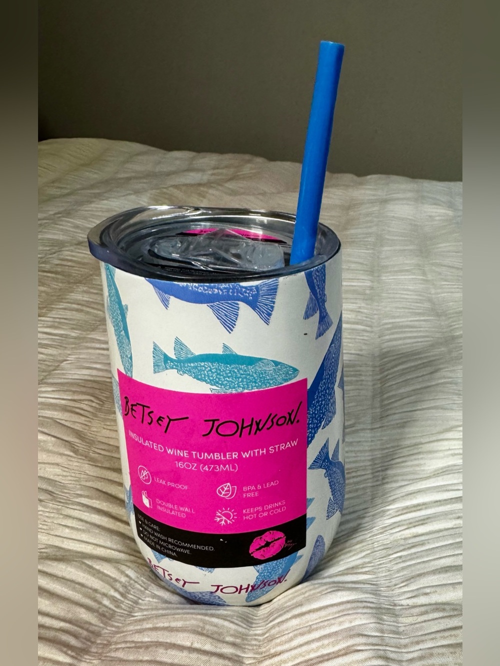 Betsey Johnson Blue Fish Insulated Tumbler with Blue Straw